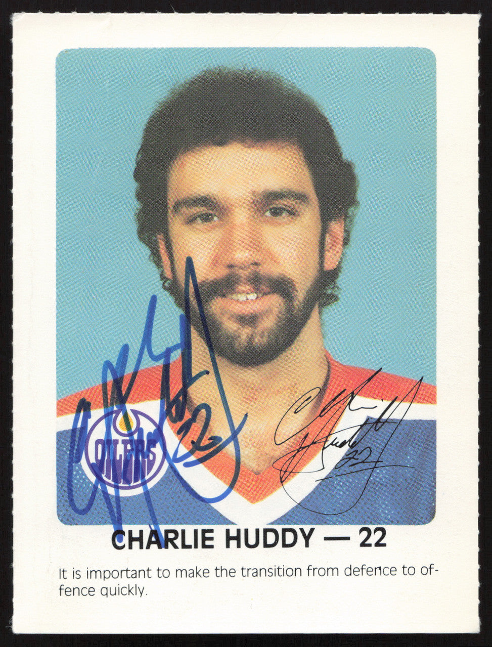 Charlie Huddy Autographed 1984-85 Post Red Rooster Card Edmonton Oilers SKU #258374