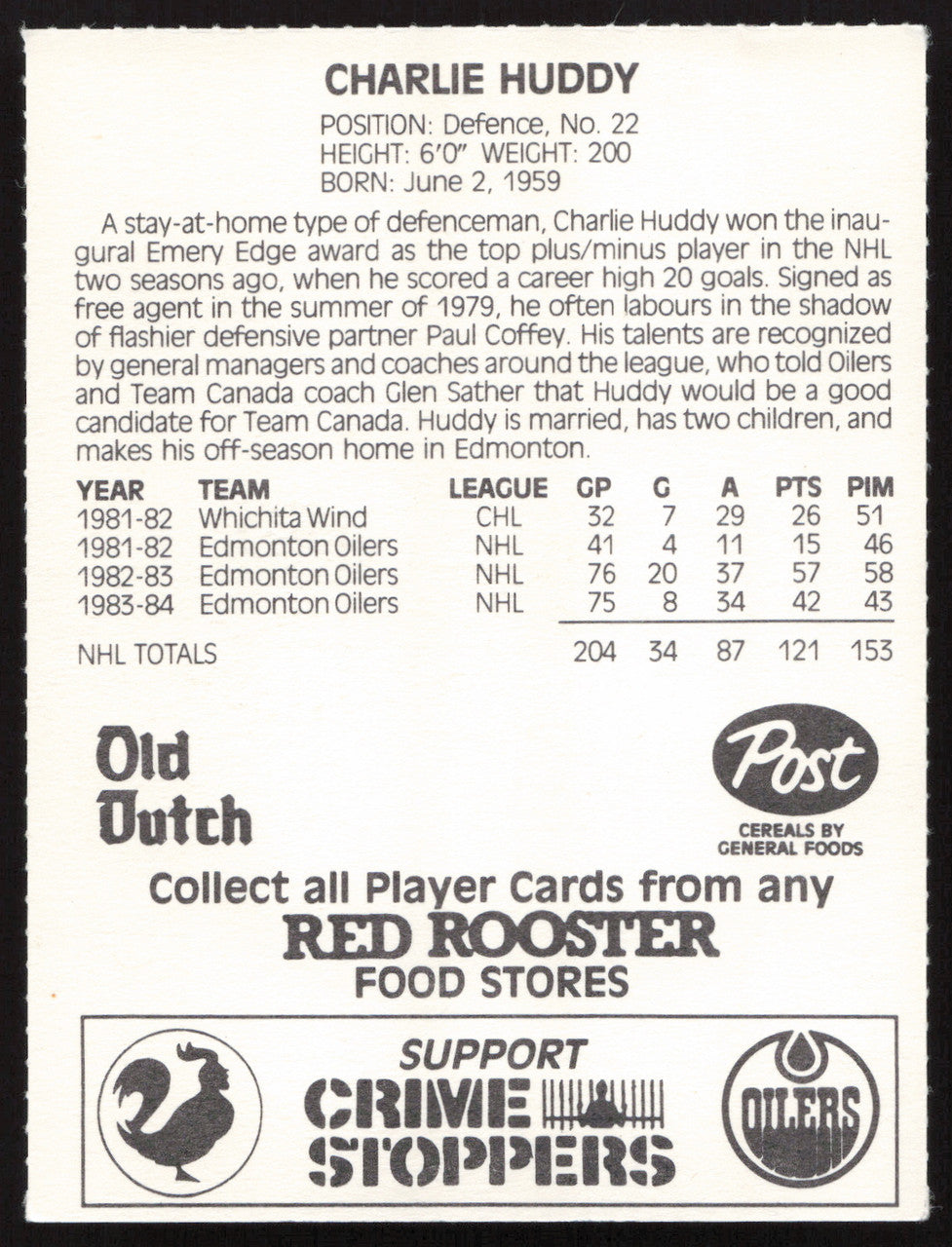 Charlie Huddy Autographed 1984-85 Post Red Rooster Card Edmonton Oilers SKU #258374