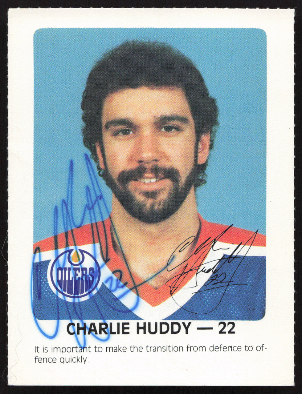 Charlie Huddy Autographed 1984-85 Post Red Rooster Card Edmonton Oilers SKU #258375