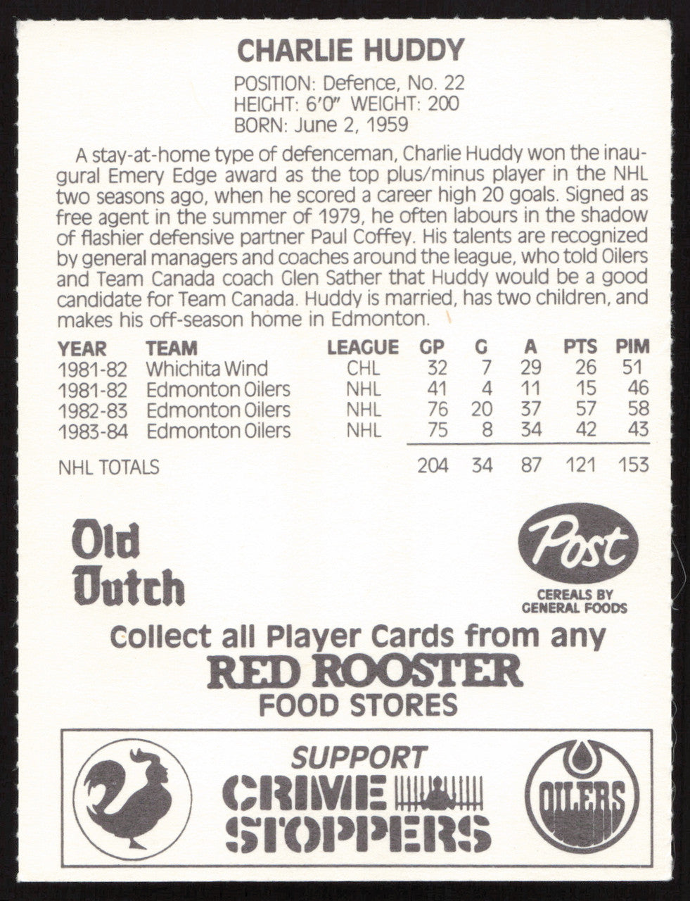 Charlie Huddy Autographed 1984-85 Post Red Rooster Card Edmonton Oilers SKU #258375