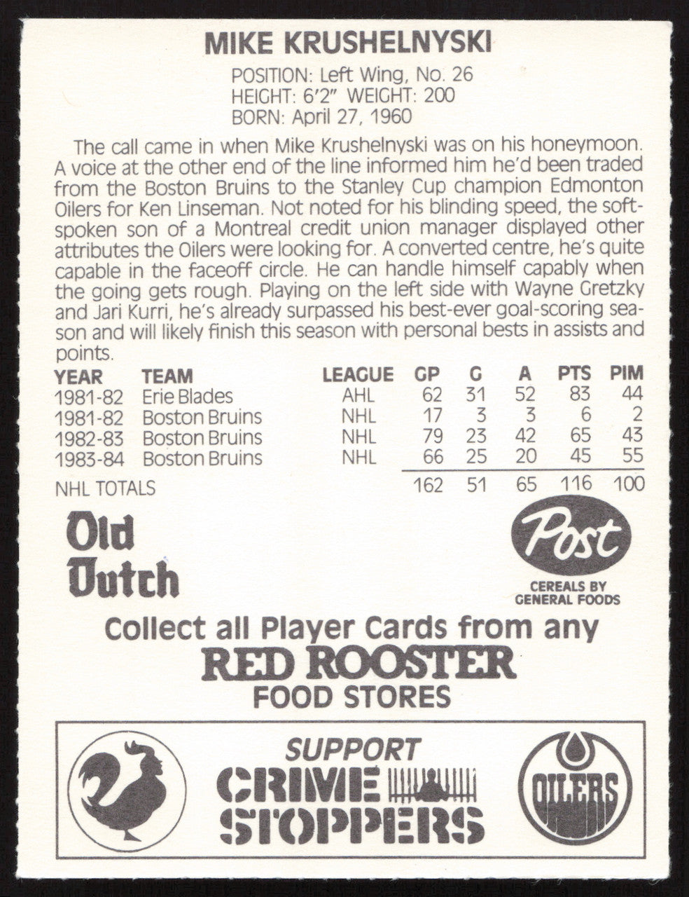 Mike Krushelnyski Autographed 1984-85 Post Red Rooster Card Edmonton Oilers SKU #258376