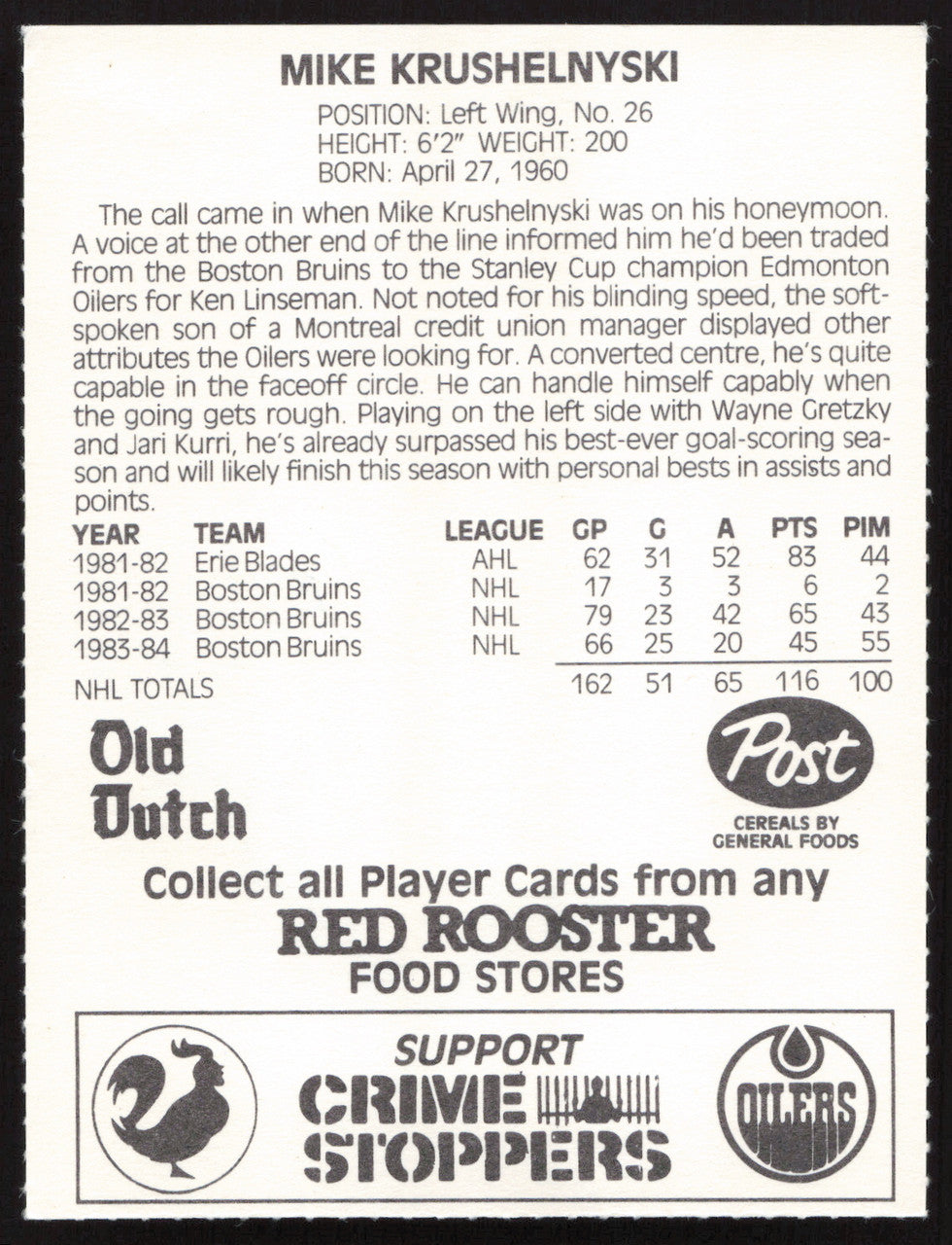 Mike Krushelnyski Autographed 1984-85 Post Red Rooster Card Edmonton Oilers SKU #258377
