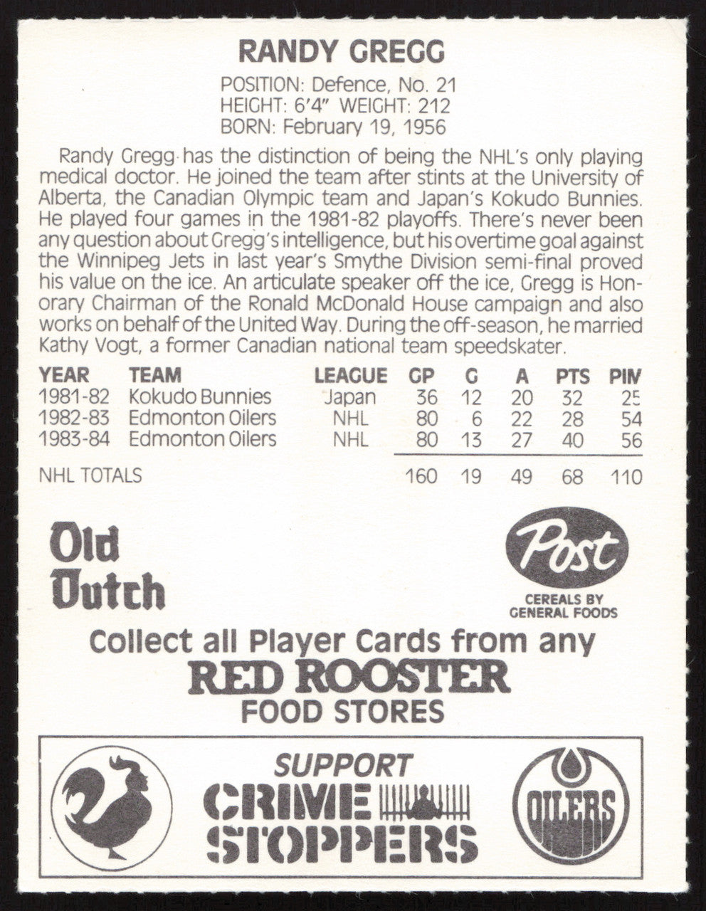 Randy Gregg Autographed 1984-85 Post Red Rooster Card Edmonton Oilers SKU #258379