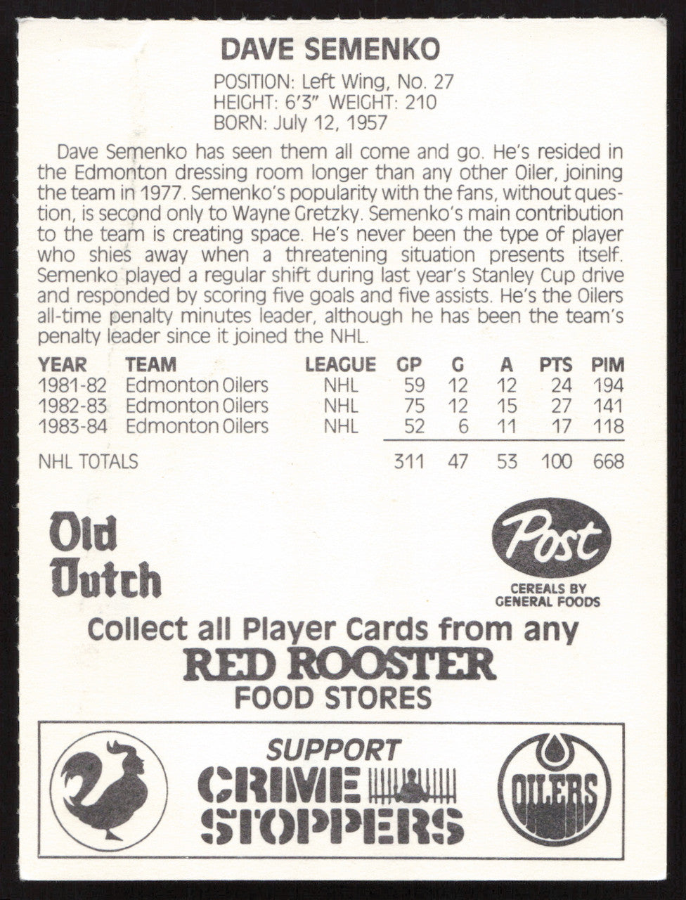 Dave Semenko Autographed 1984-85 Post Red Rooster Card Edmonton Oilers SKU #258381