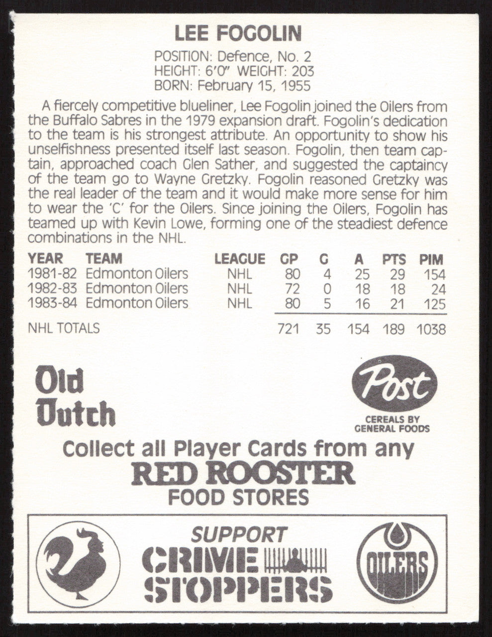 Lee Fogolin Autographed 1984-85 Post Red Rooster Card Edmonton Oilers SKU #258383