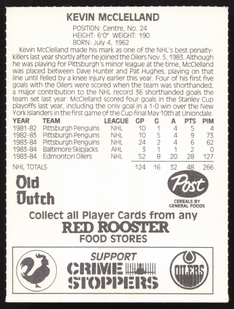 Kevin McClelland Autographed 1984-85 Post Red Rooster Rookie Card Edmonton Oilers SKU #258384