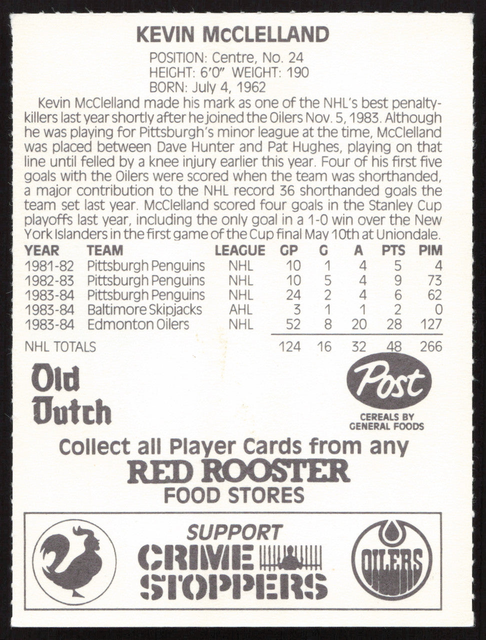 Kevin McClelland Autographed 1984-85 Post Red Rooster Rookie Card Edmonton Oilers SKU #258385