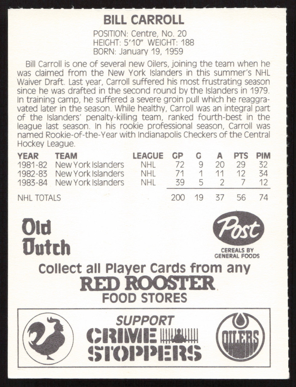 Billy Carroll Autographed 1984-85 Post Red Rooster Card Edmonton Oilers SKU #258386