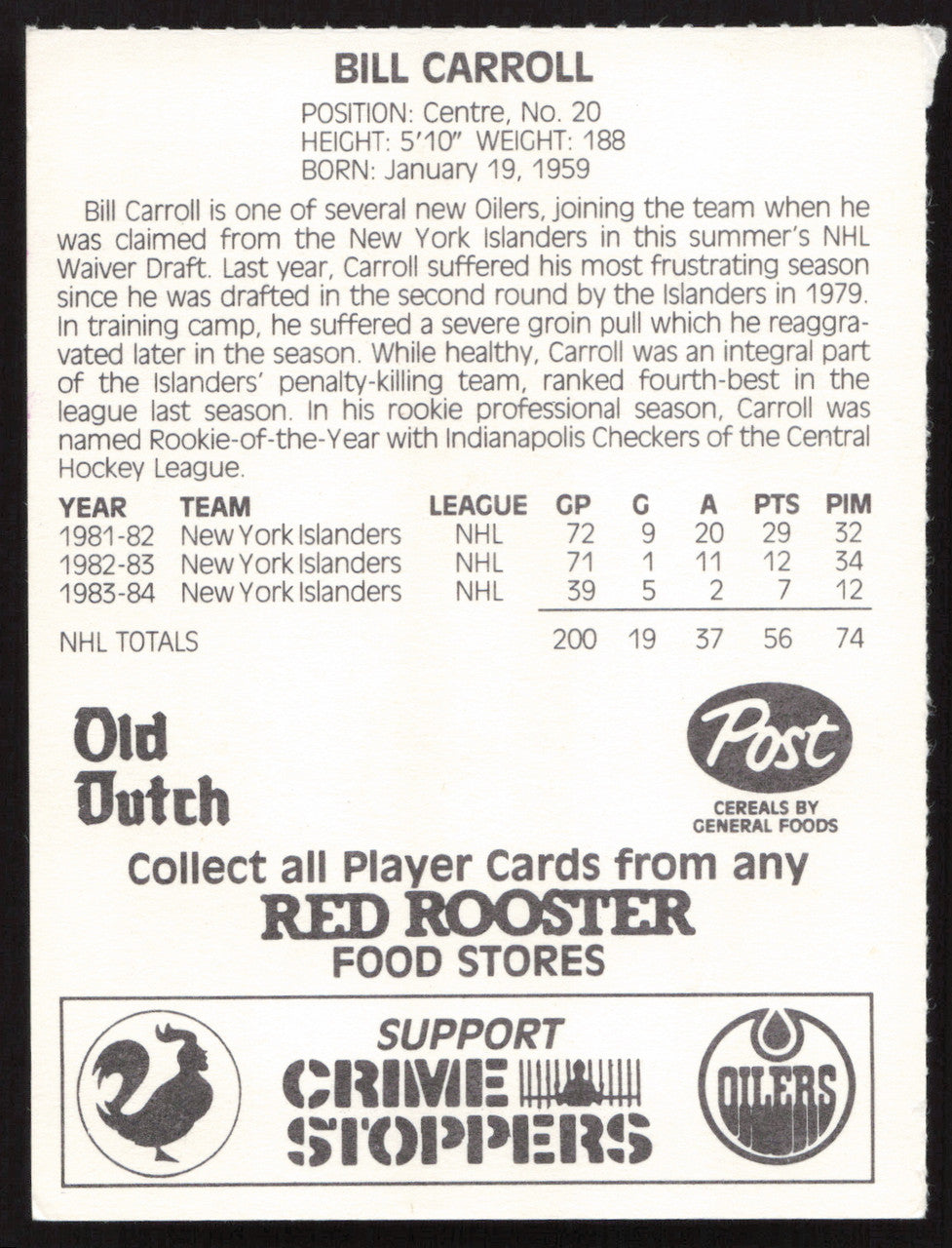 Billy Carroll Autographed 1984-85 Post Red Rooster Card Edmonton Oilers SKU #258387