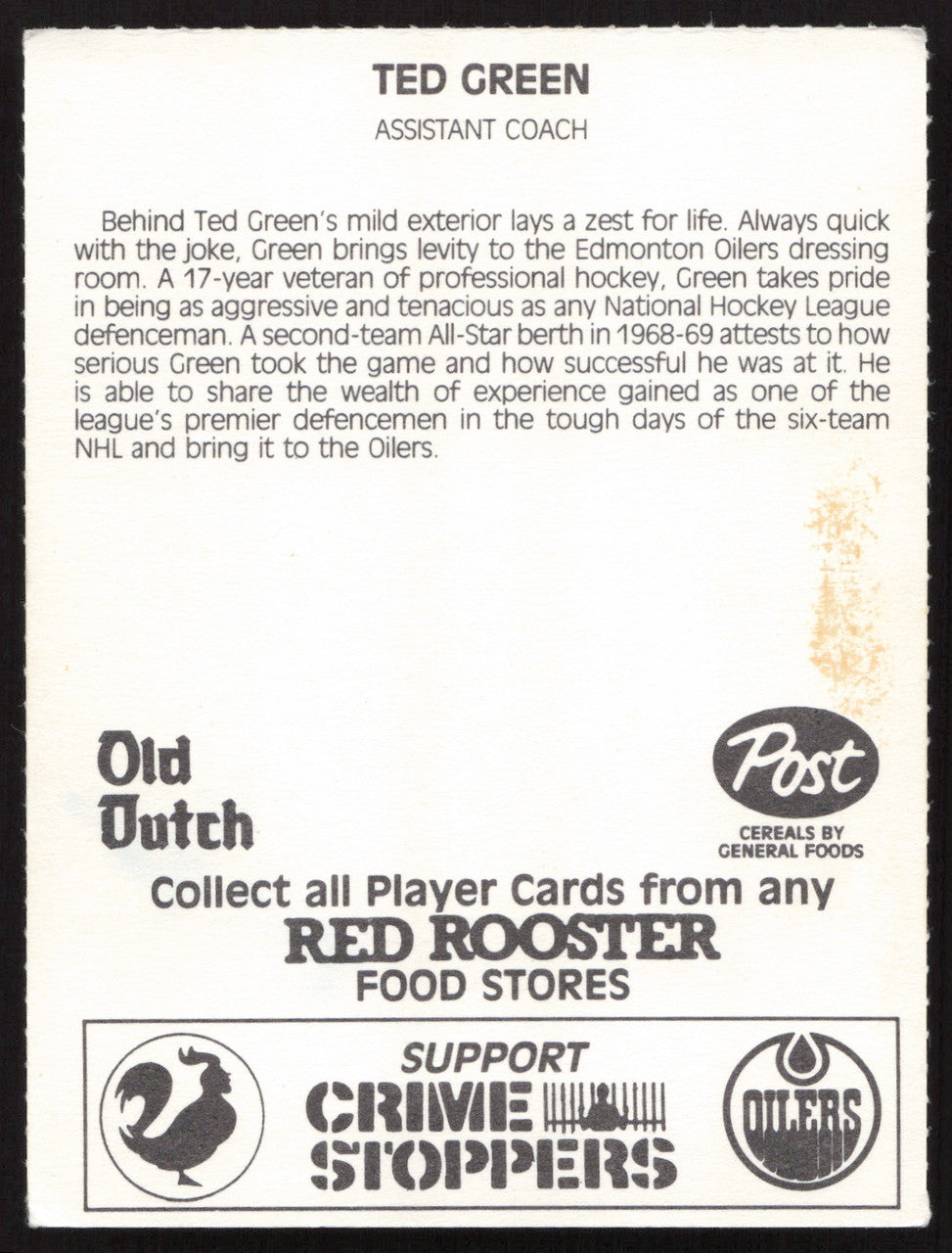 Ted Green Autographed 1984-85 Post Red Rooster Card Edmonton Oilers SKU #258391