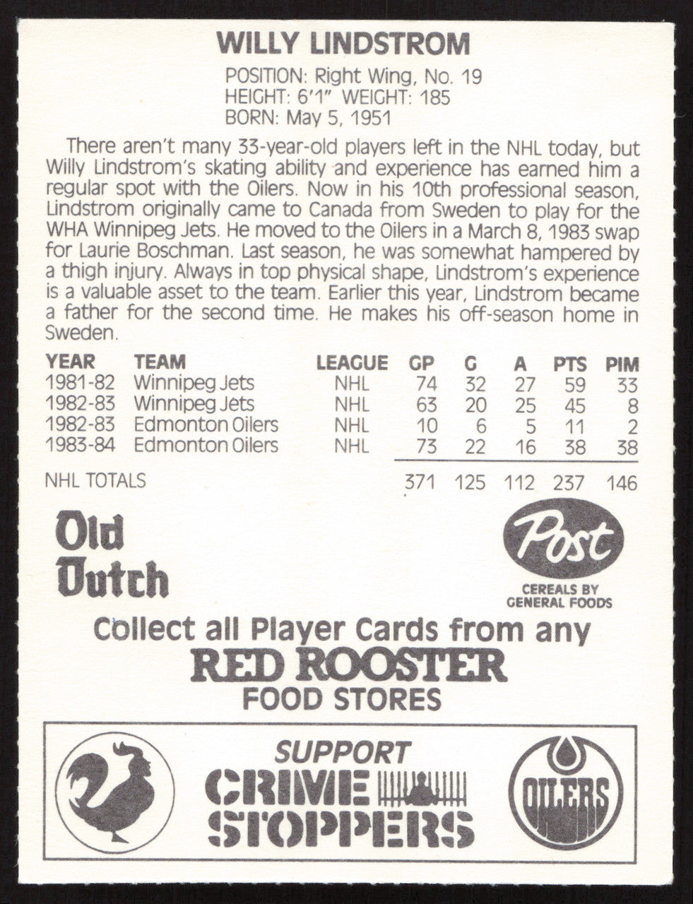 Willy Willi Lindstrom Autographed 1984-85 Post Red Rooster Card Edmonton Oilers SKU #258394