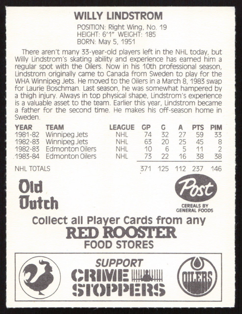 Willy Willi Lindstrom Autographed 1984-85 Post Red Rooster Card Edmonton Oilers SKU #258395