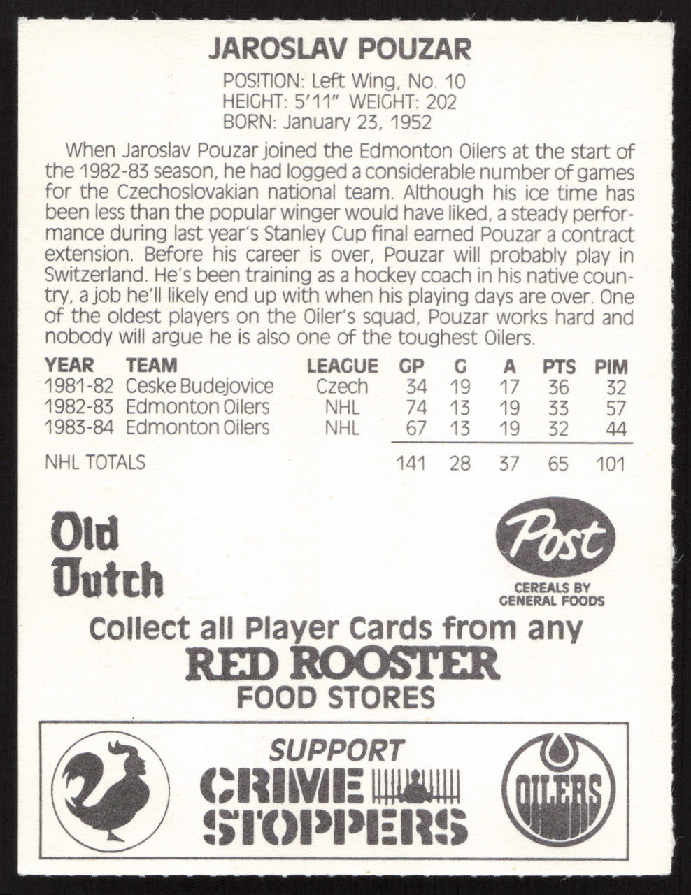 Jaroslav Pouzar Autographed 1984-85 Post Red Rooster Card Edmonton Oilers SKU #258396