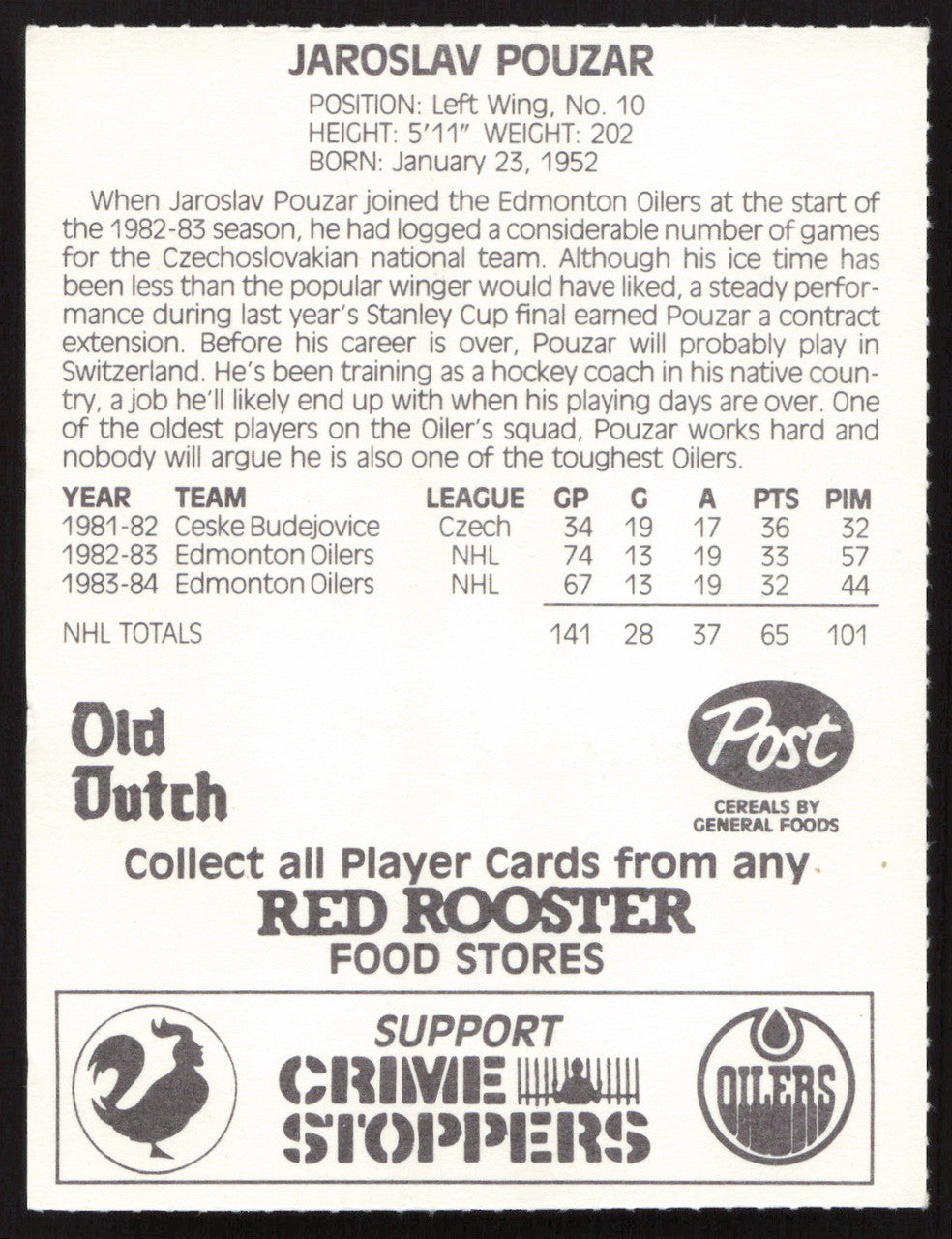 Jaroslav Pouzar Autographed 1984-85 Post Red Rooster Card Edmonton Oilers SKU #258397