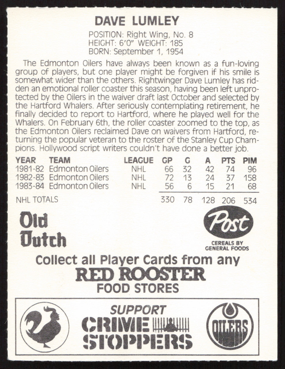 Dave Lumley Autographed 1984-85 Post Red Rooster Card Edmonton Oilers SKU #258398