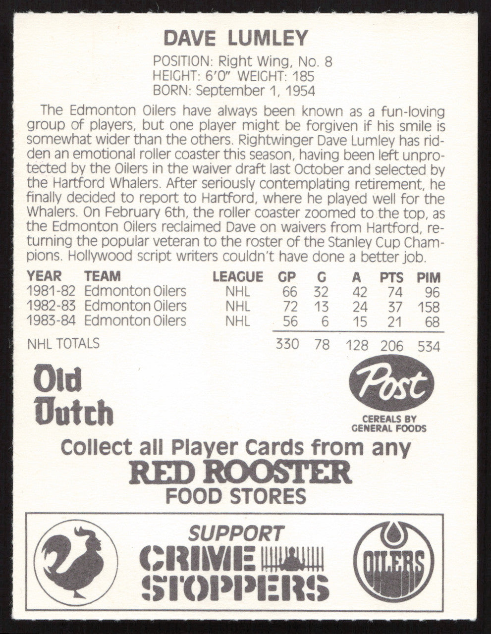 Dave Lumley Autographed 1984-85 Post Red Rooster Card Edmonton Oilers SKU #258399