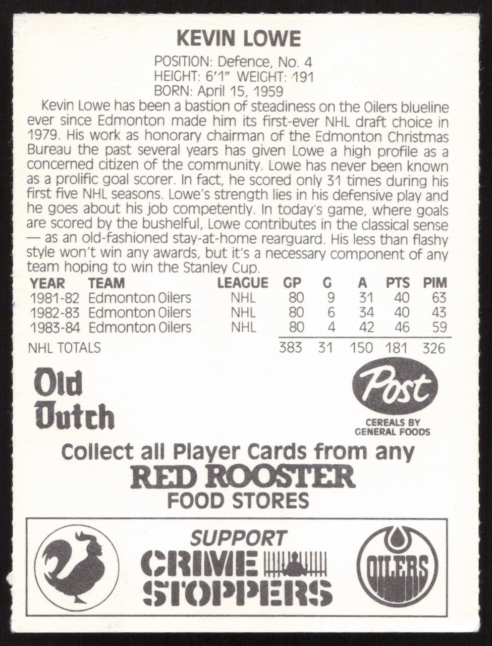 Kevin Lowe Autographed 1984-85 Post Red Rooster Card Edmonton Oilers SKU #258400