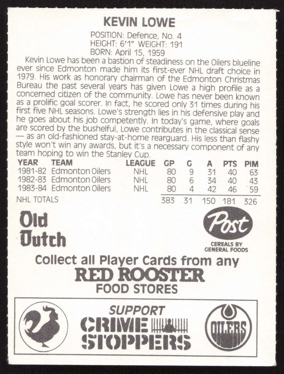 Kevin Lowe Autographed 1984-85 Post Red Rooster Card Edmonton Oilers SKU #258401