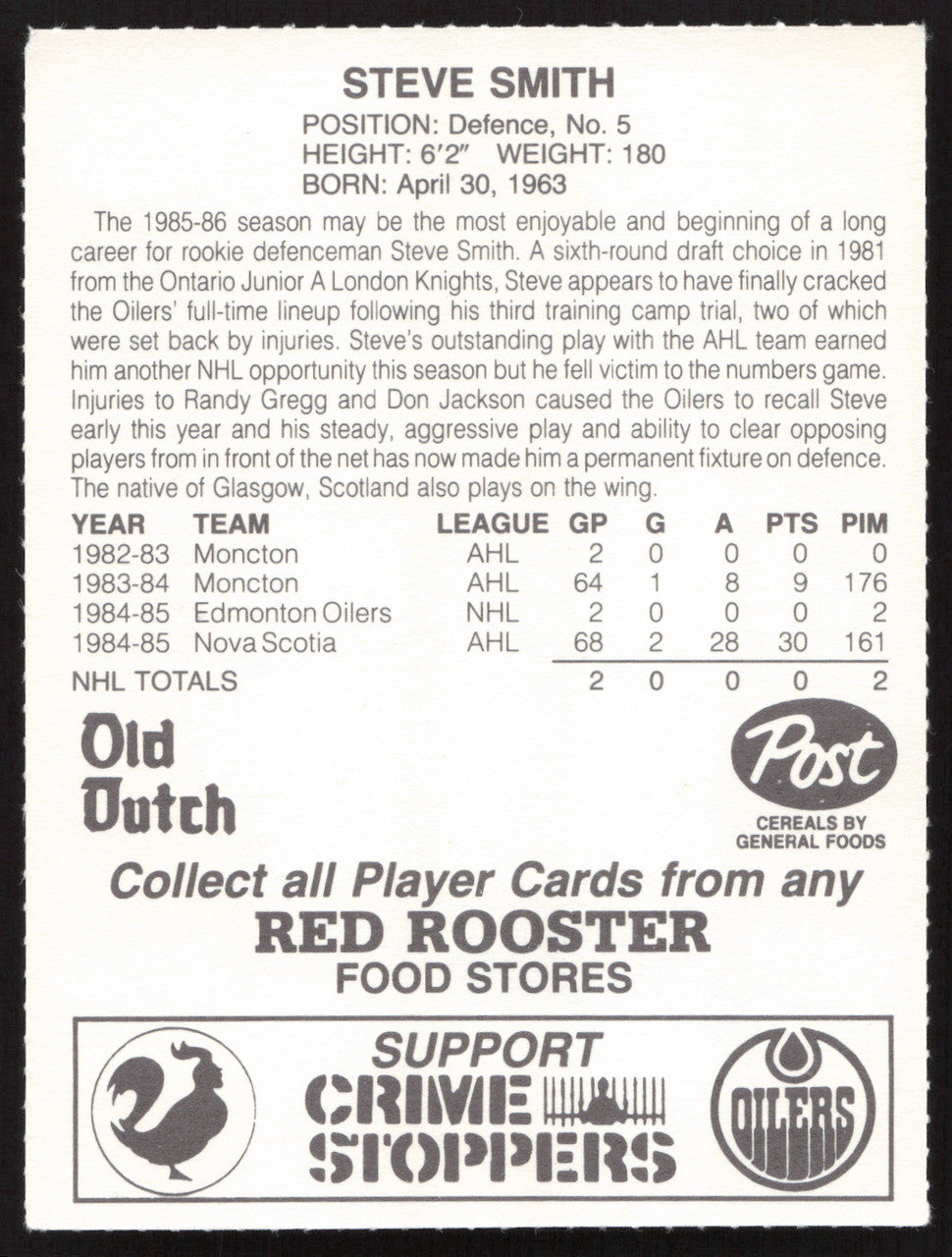 Steve Smith Autographed 1985-86 Post Red Rooster Rookie Card Edmonton Oilers SKU #258403