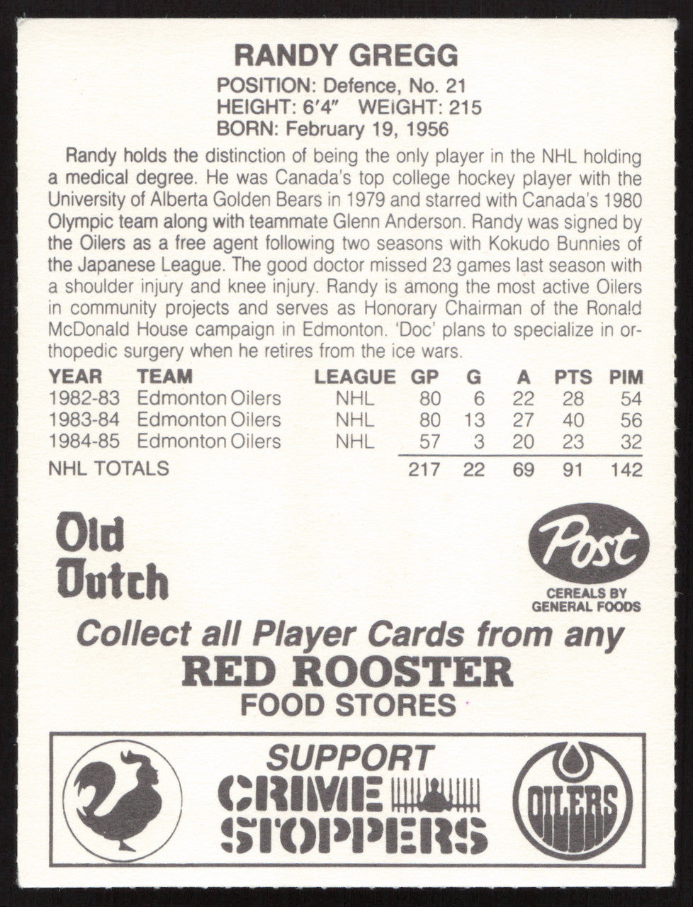 Randy Gregg Autographed 1985-86 Post Red Rooster Card Edmonton Oilers SKU #258404