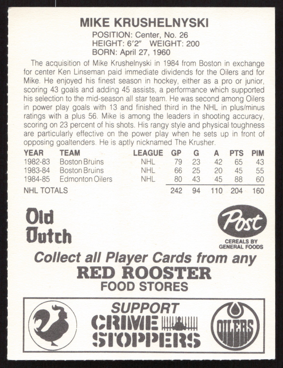 Mike Krushelnyski Autographed 1985-86 Post Red Rooster Card Edmonton Oilers SKU #258405