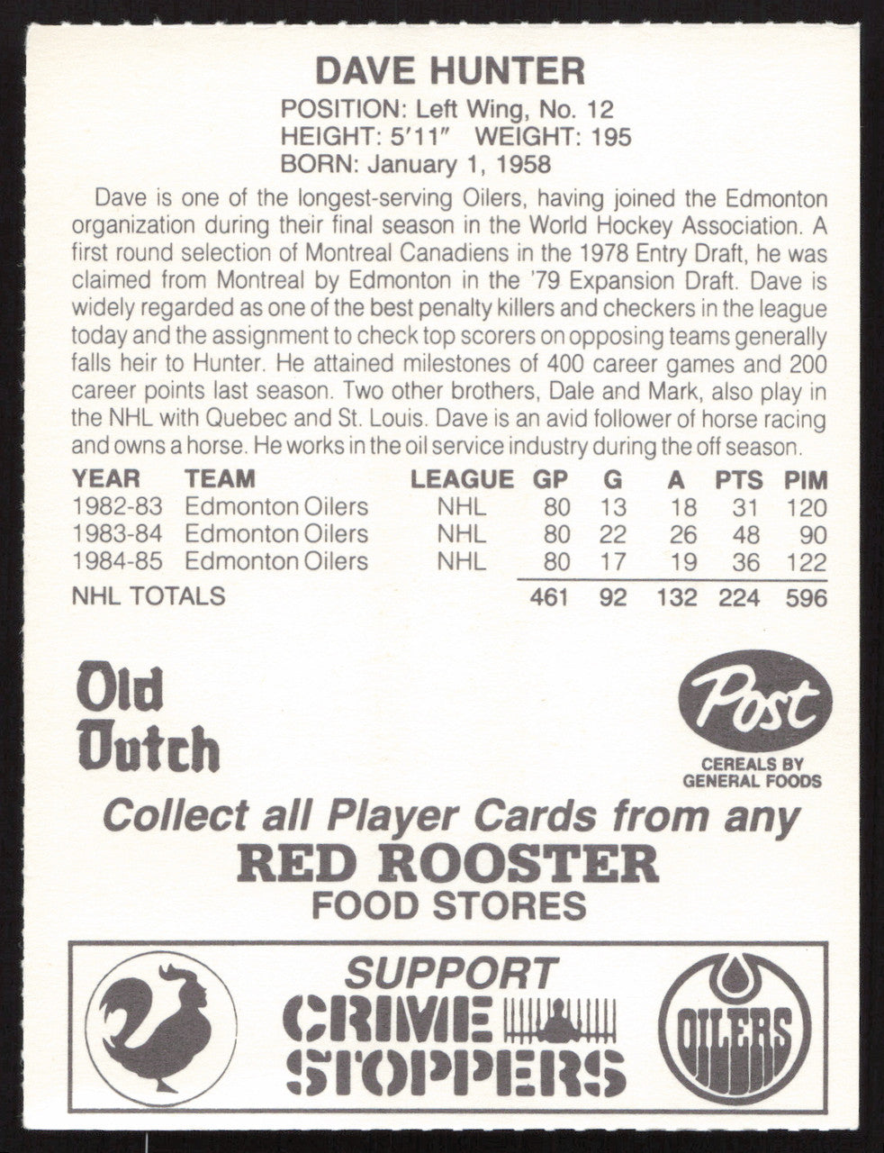 Dave Hunter Autographed 1985-86 Post Red Rooster Card Edmonton Oilers SKU #258406