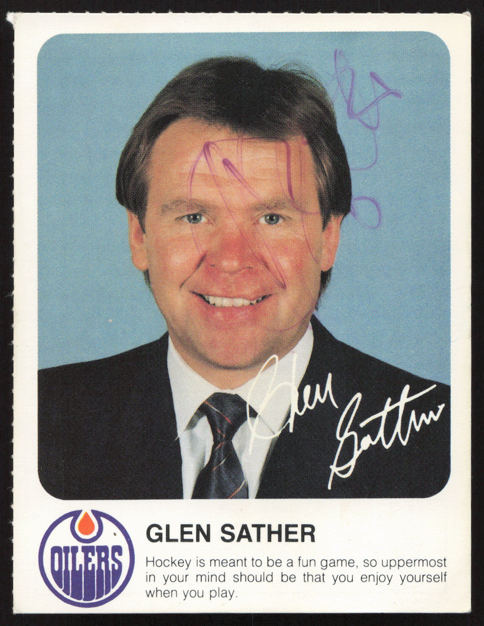 Glen Sather Autographed 1985-86 Post Red Rooster Card Edmonton Oilers SKU #258408