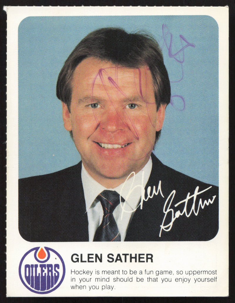 Glen Sather Autographed 1985-86 Post Red Rooster Card Edmonton Oilers SKU #258408