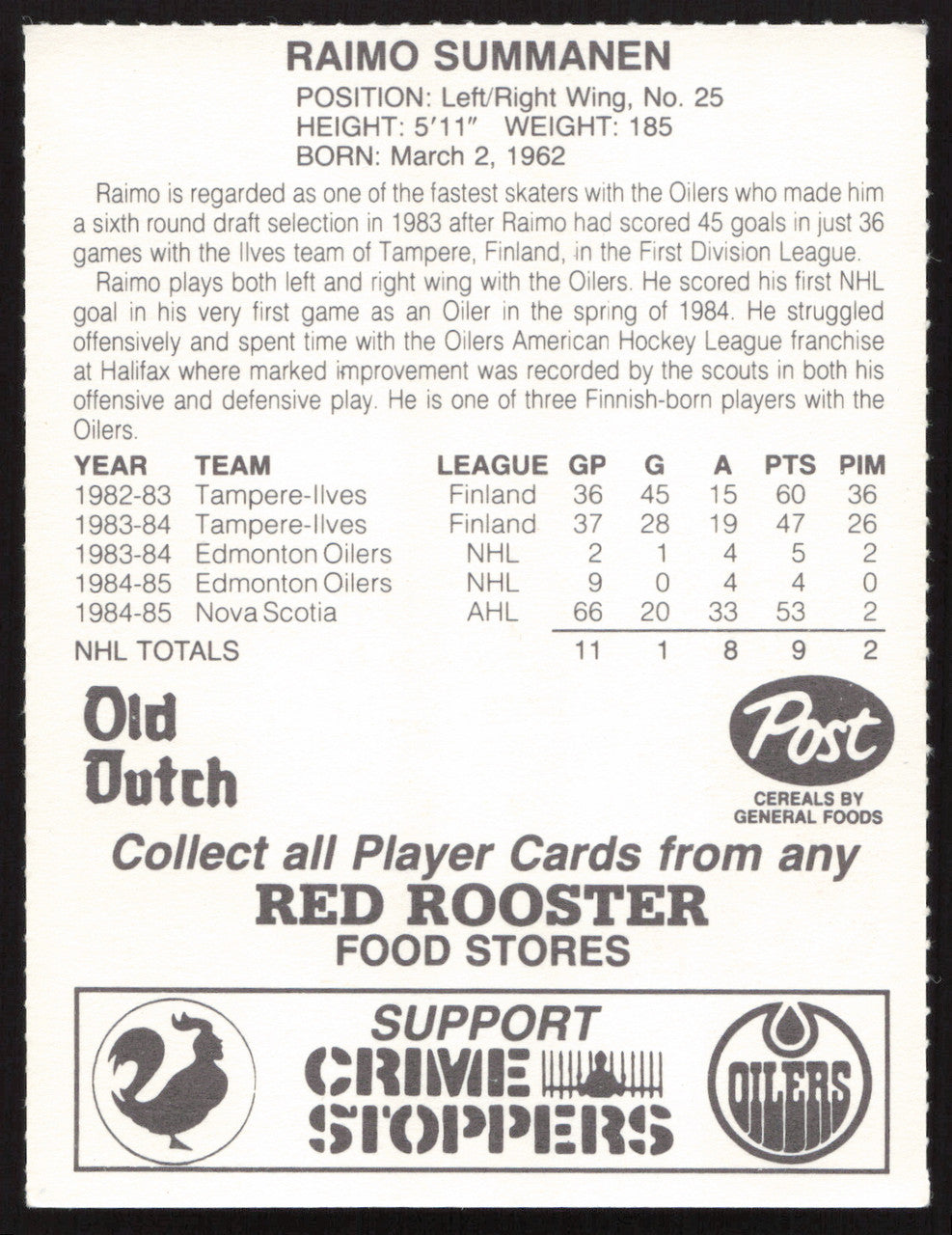 Raimo Summanen Autographed 1985-86 Post Red Rooster Card Edmonton Oilers SKU #258409
