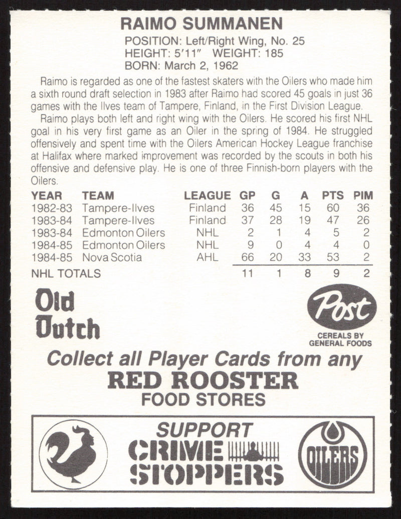 Raimo Summanen Autographed 1985-86 Post Red Rooster Card Edmonton Oilers SKU #258409