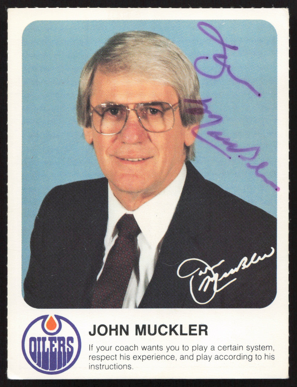 John Muckler Autographed 1985-86 Post Red Rooster Card Edmonton Oilers SKU #258411