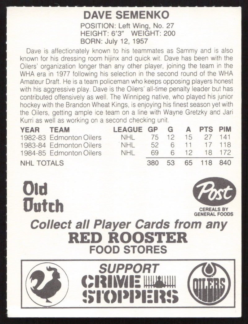 Dave Semenko Autographed 1985-86 Post Red Rooster Card Edmonton Oilers SKU #258412