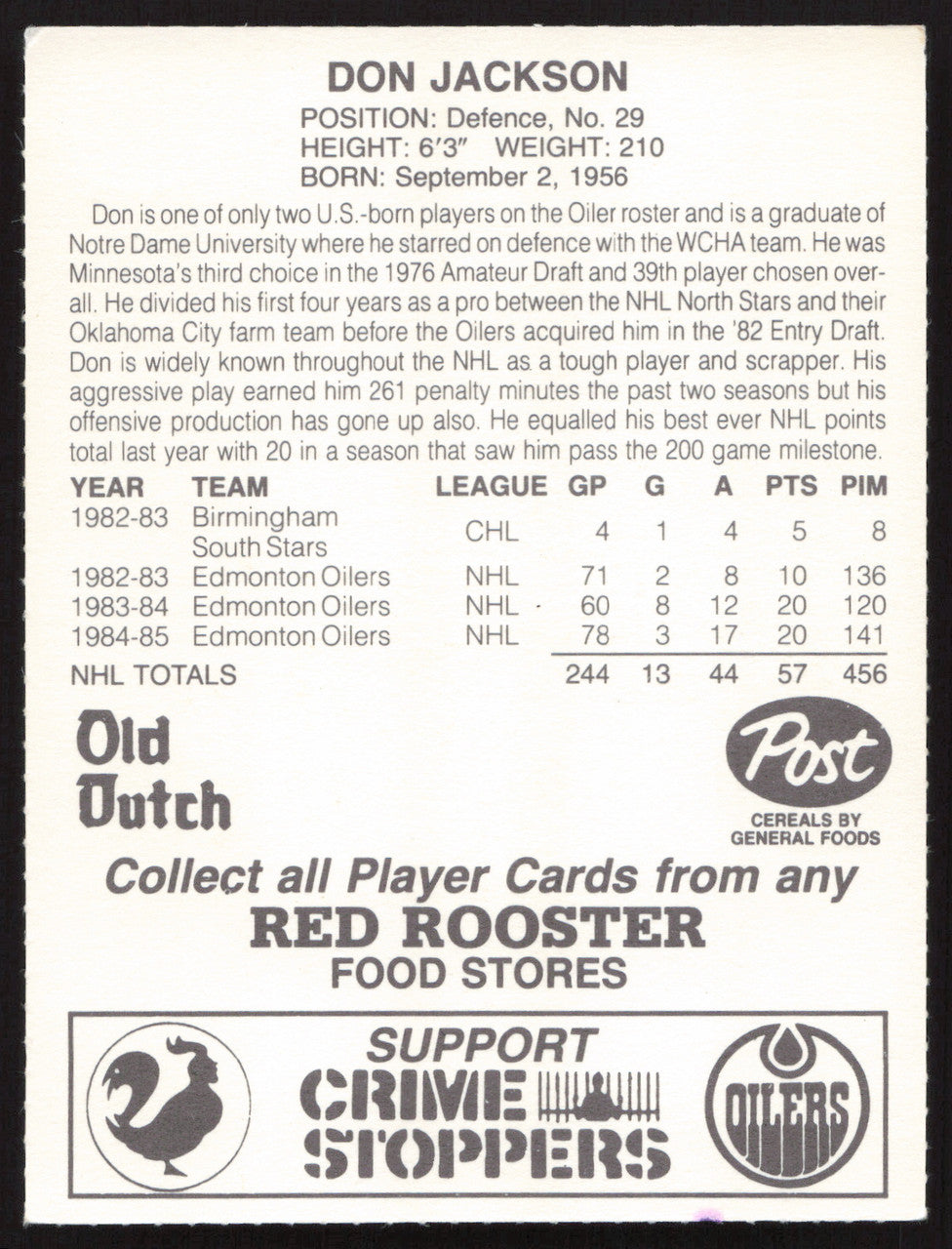 Don Jackson Autographed 1985-86 Post Red Rooster Card Edmonton Oilers SKU #258413