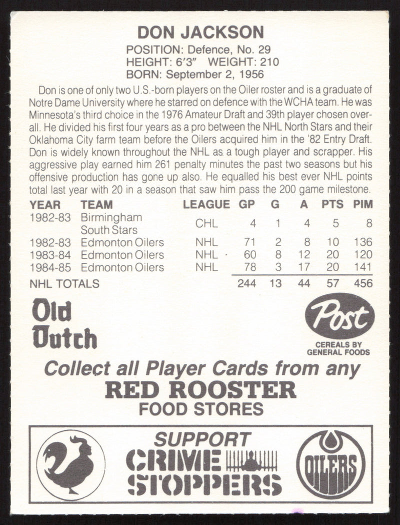 Don Jackson Autographed 1985-86 Post Red Rooster Card Edmonton Oilers SKU #258413