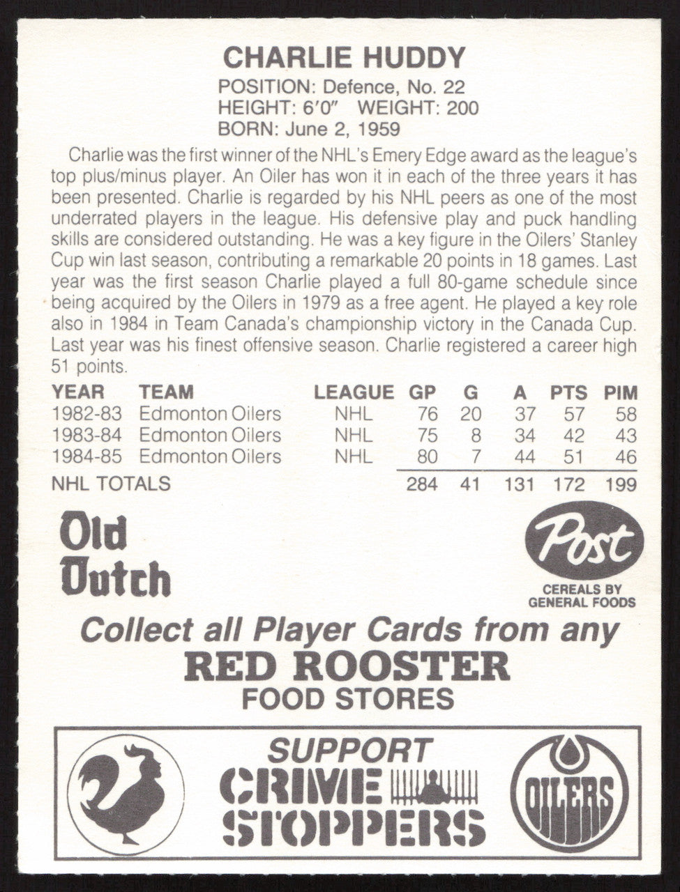 Charlie Huddy Autographed 1985-86 Post Red Rooster Card Edmonton Oilers SKU #258414