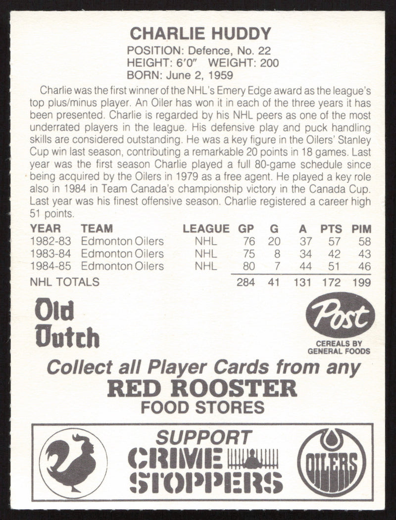 Charlie Huddy Autographed 1985-86 Post Red Rooster Card Edmonton Oilers SKU #258414