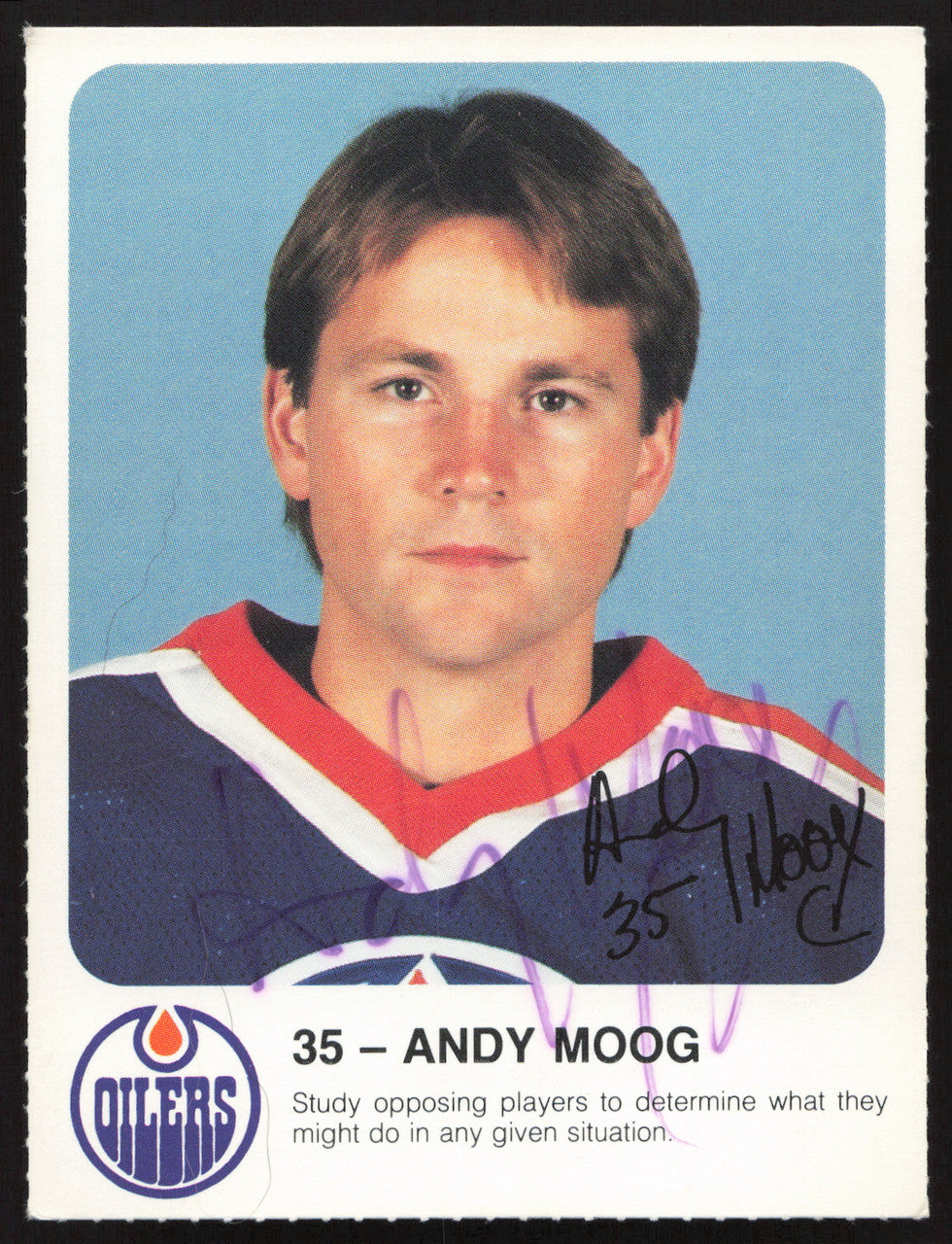 Andy Moog Autographed 1985-86 Post Red Rooster Card Edmonton Oilers SKU #258415