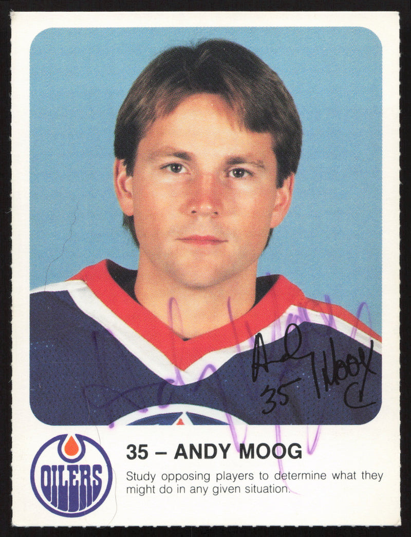 Andy Moog Autographed 1985-86 Post Red Rooster Card Edmonton Oilers SKU #258415