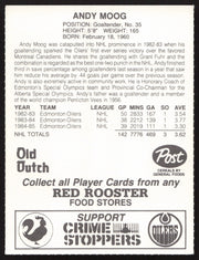 Andy Moog Autographed 1985-86 Post Red Rooster Card Edmonton Oilers SKU #258415