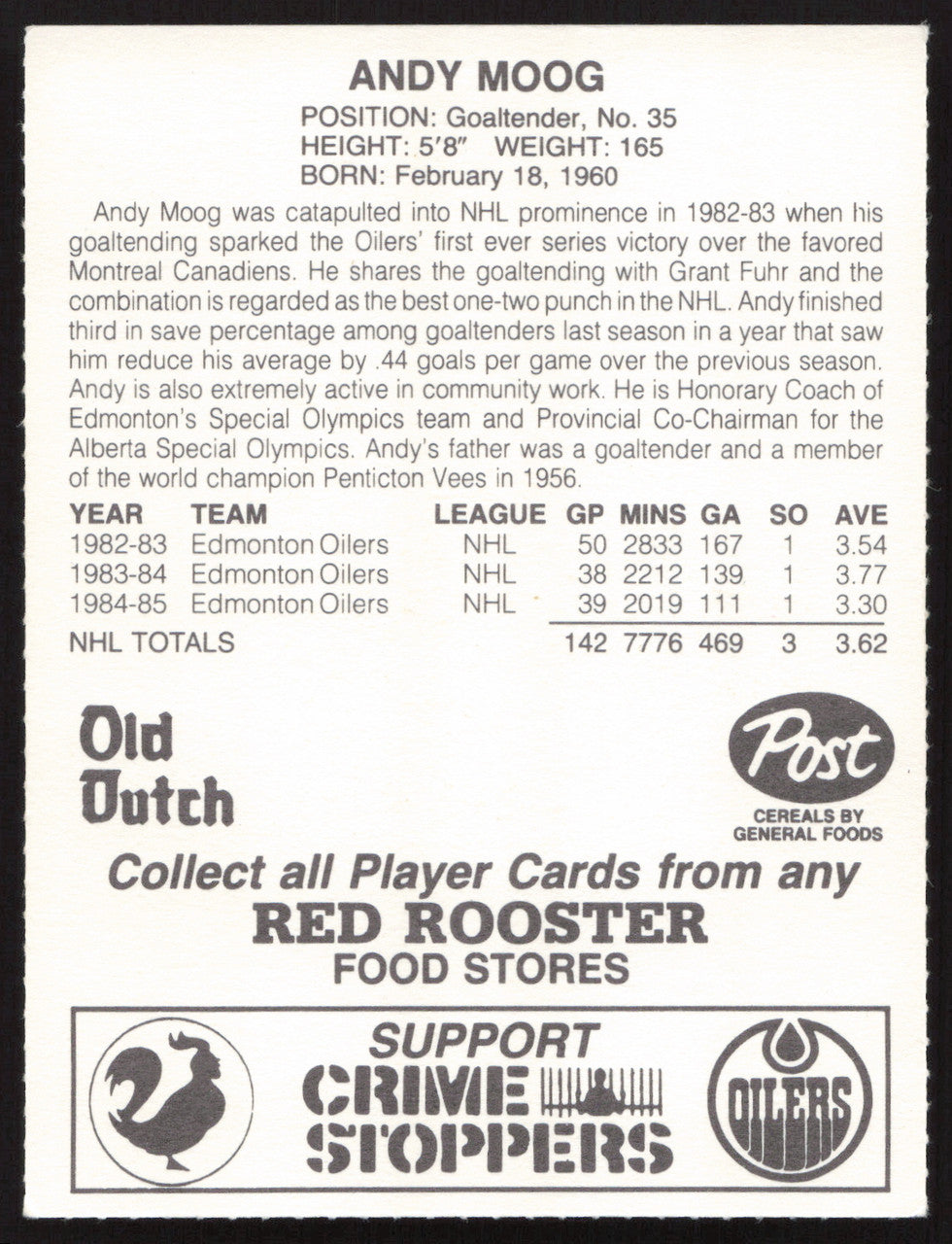 Andy Moog Autographed 1985-86 Post Red Rooster Card Edmonton Oilers SKU #258415