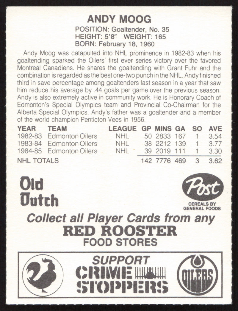 Andy Moog Autographed 1985-86 Post Red Rooster Card Edmonton Oilers SKU #258415