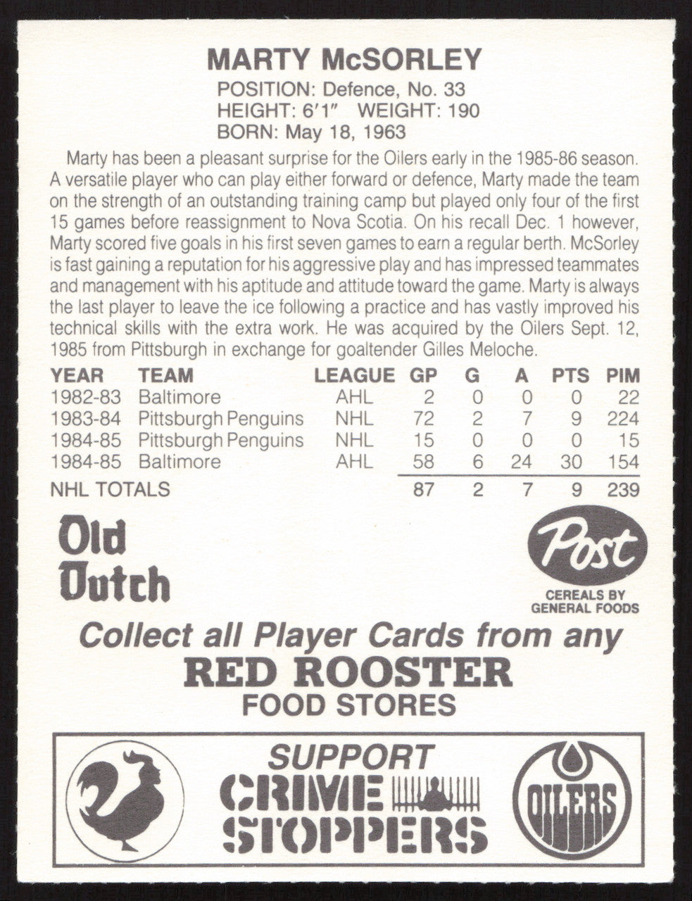 Marty McSorley Autographed 1985-86 Post Red Rooster Card Edmonton Oilers SKU #258416