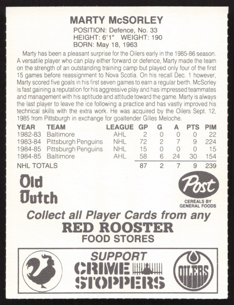 Marty McSorley Autographed 1985-86 Post Red Rooster Card Edmonton Oilers SKU #258416