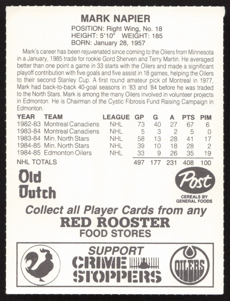Mark Napier Autographed 1985-86 Post Red Rooster Card Edmonton Oilers SKU #258417