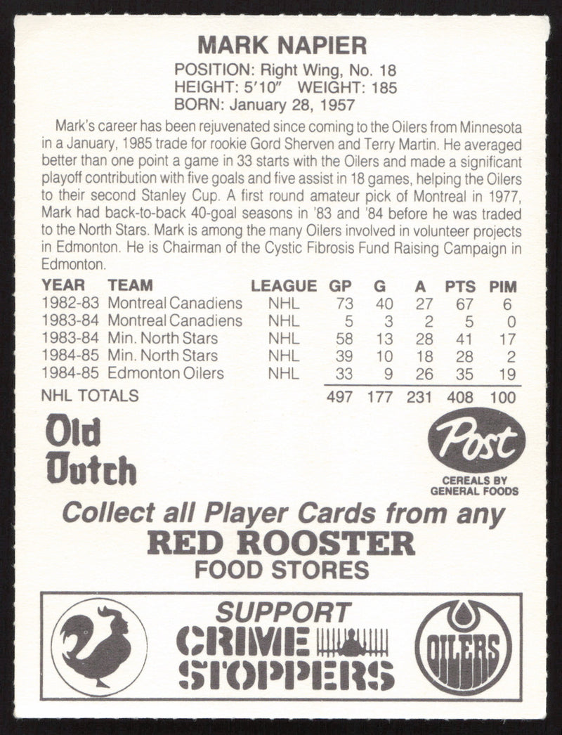 Mark Napier Autographed 1985-86 Post Red Rooster Card Edmonton Oilers SKU #258417