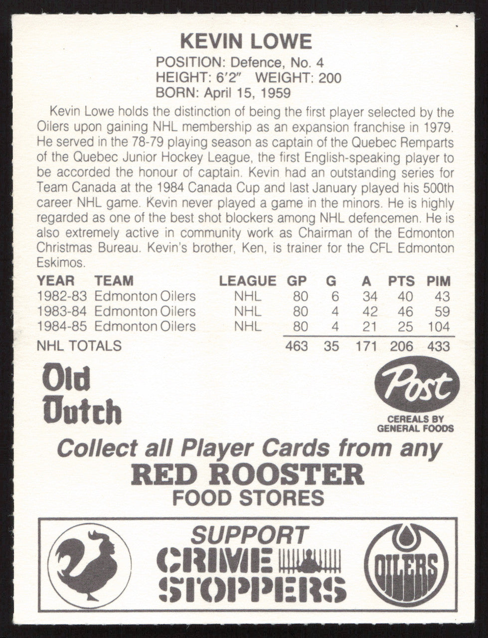 Kevin Lowe Autographed 1985-86 Post Red Rooster Card Edmonton Oilers SKU #258418