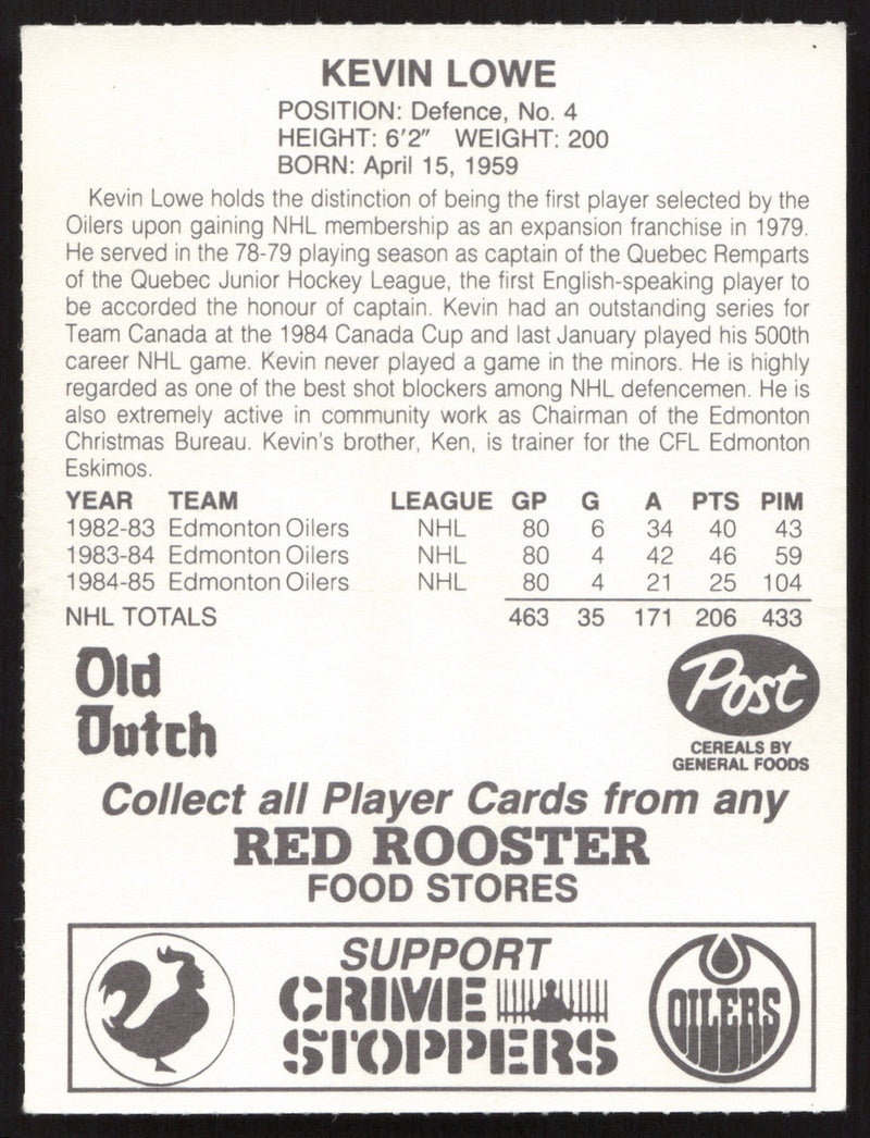 Kevin Lowe Autographed 1985-86 Post Red Rooster Card Edmonton Oilers SKU #258418