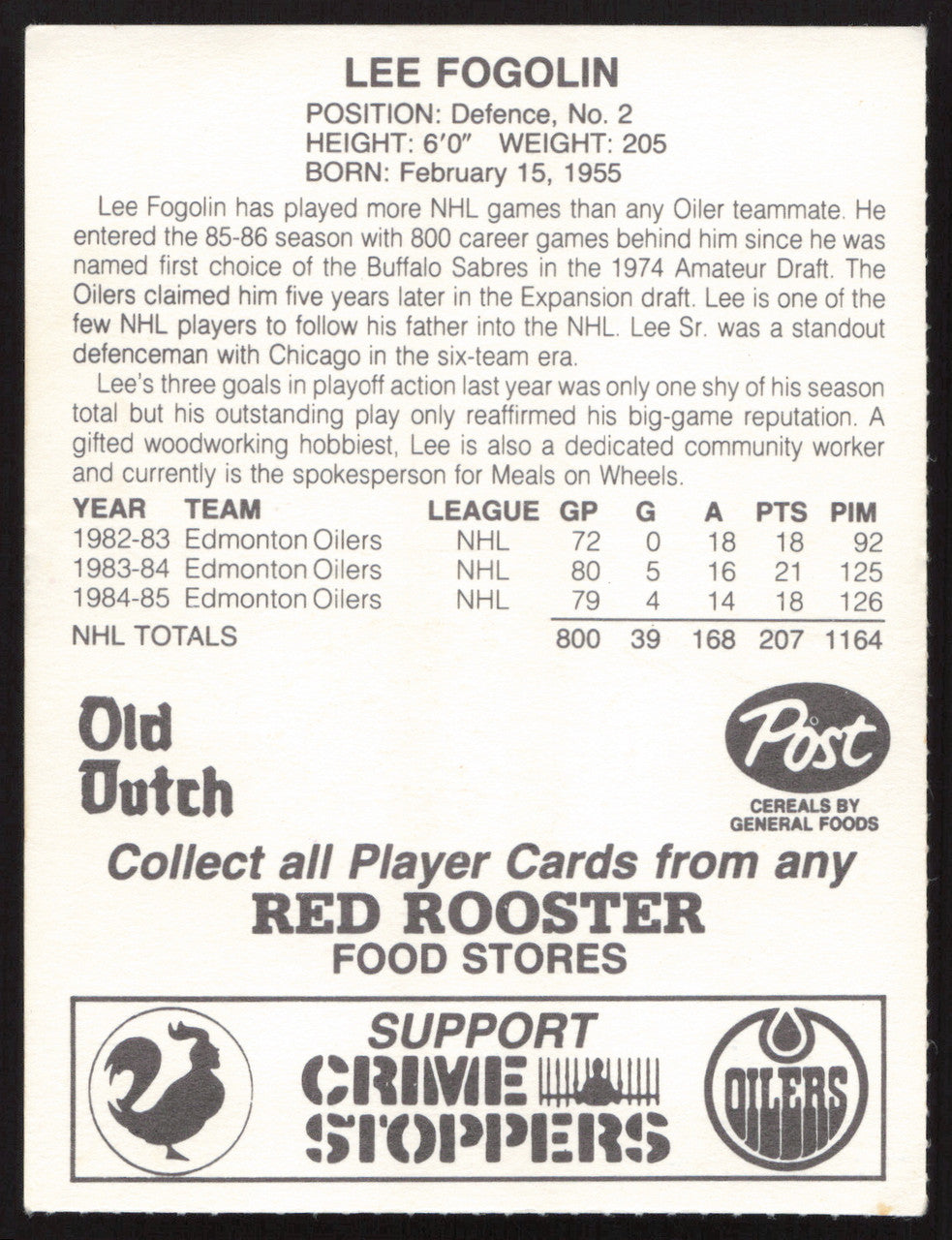 Lee Fogolin Autographed 1985-86 Post Red Rooster Card Edmonton Oilers SKU #258421