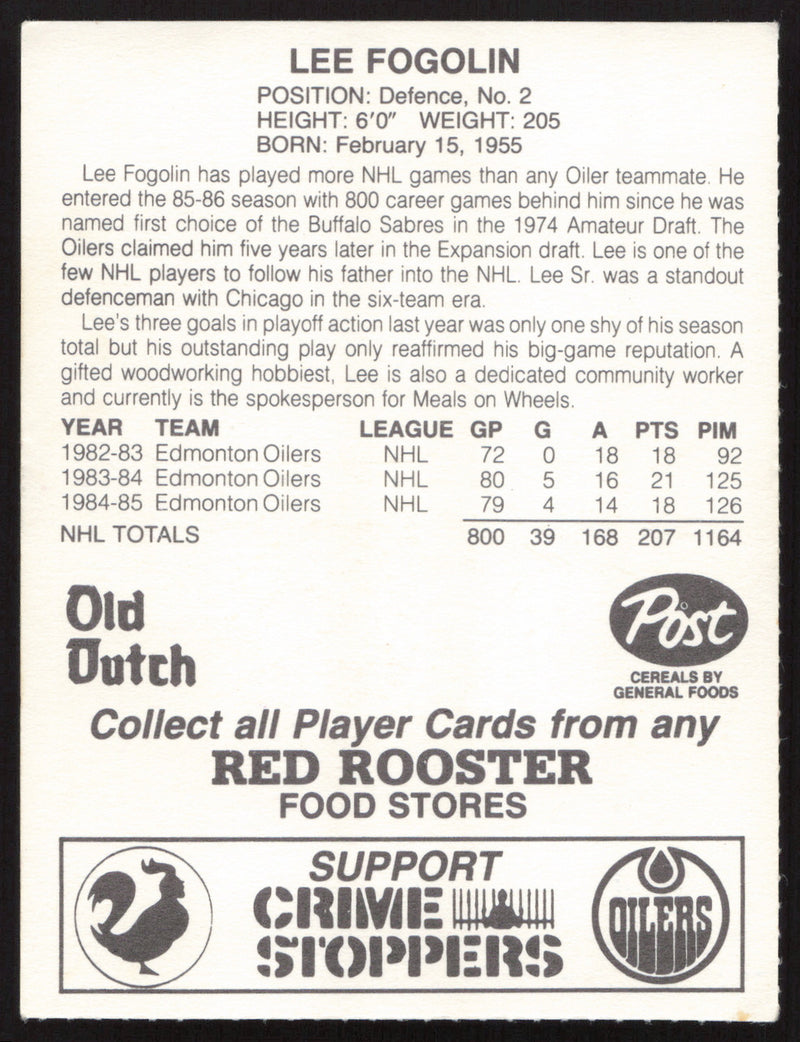 Lee Fogolin Autographed 1985-86 Post Red Rooster Card Edmonton Oilers SKU #258421