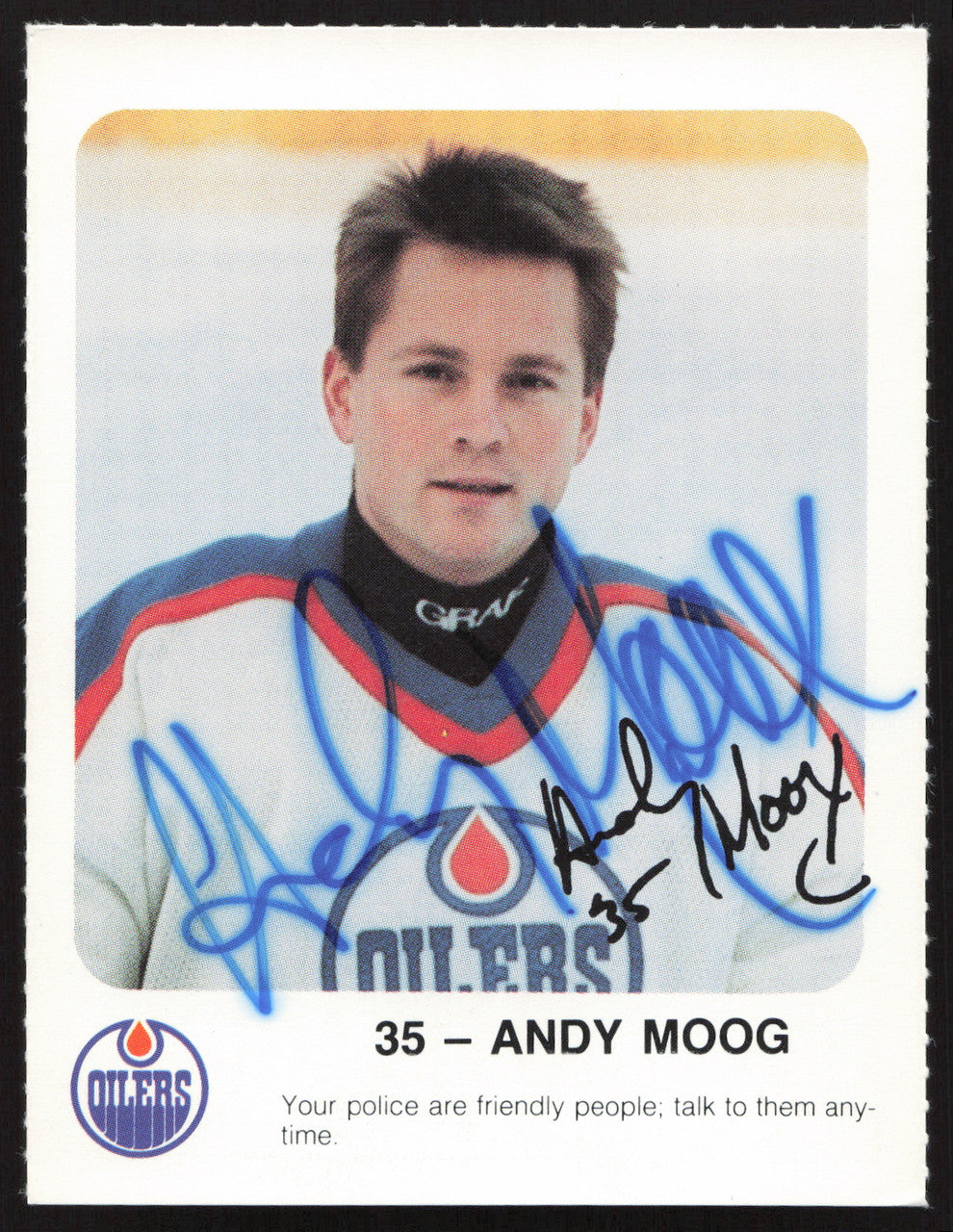 Andy Moog Autographed 1986-87 Red Rooster Card Edmonton Oilers SKU #258428